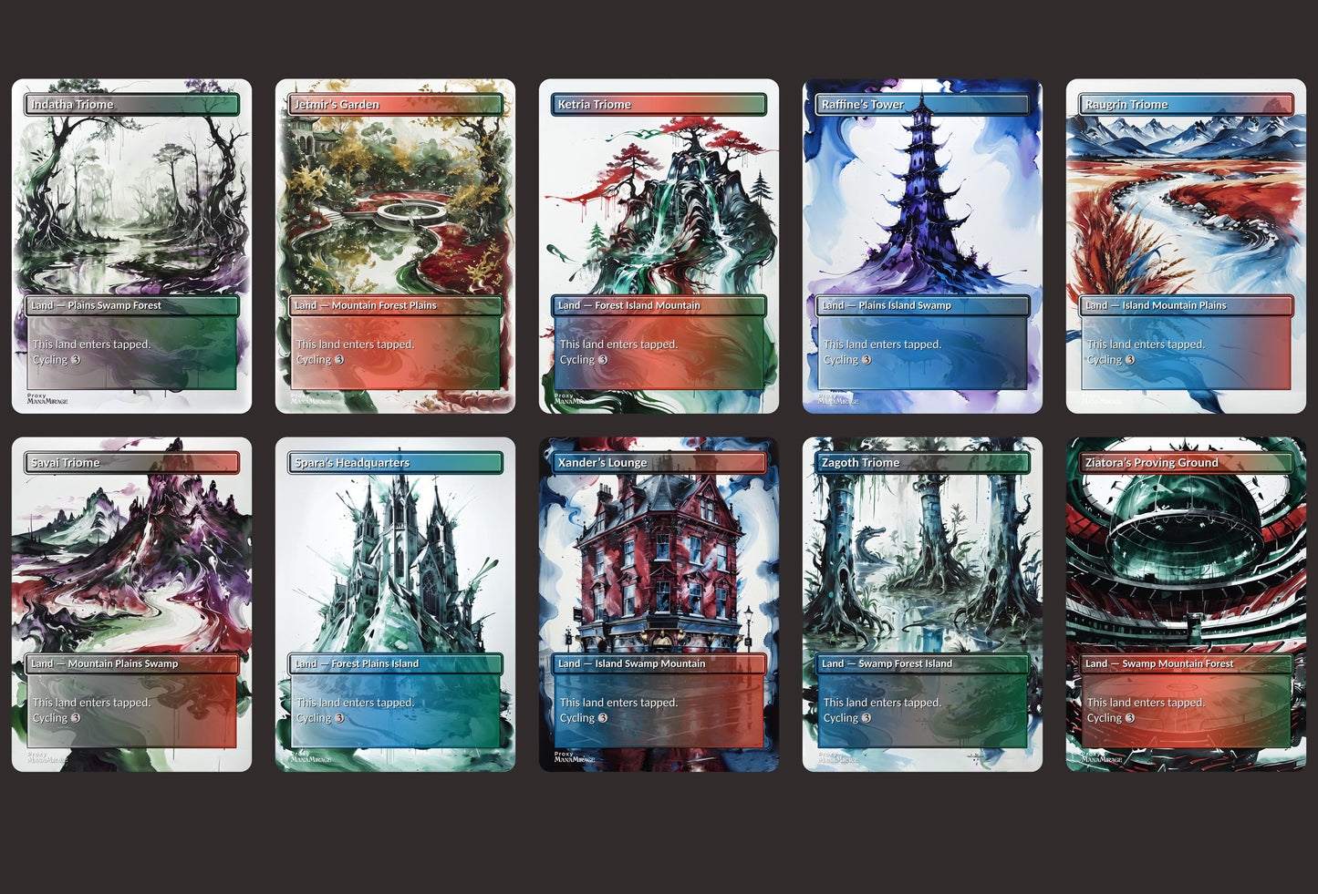 Japanese Sumi-e Inkwash Style Triome Land Set - MTG Proxy Set for Commander EDH - Ketria Triome, Raffine's Tower, Zagoth Triome